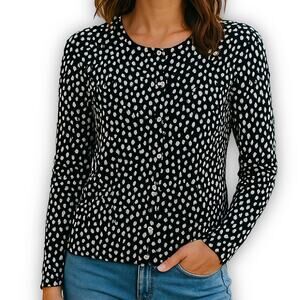 Talbots Cardigan Sweater Dot Print Black White Knit Size S